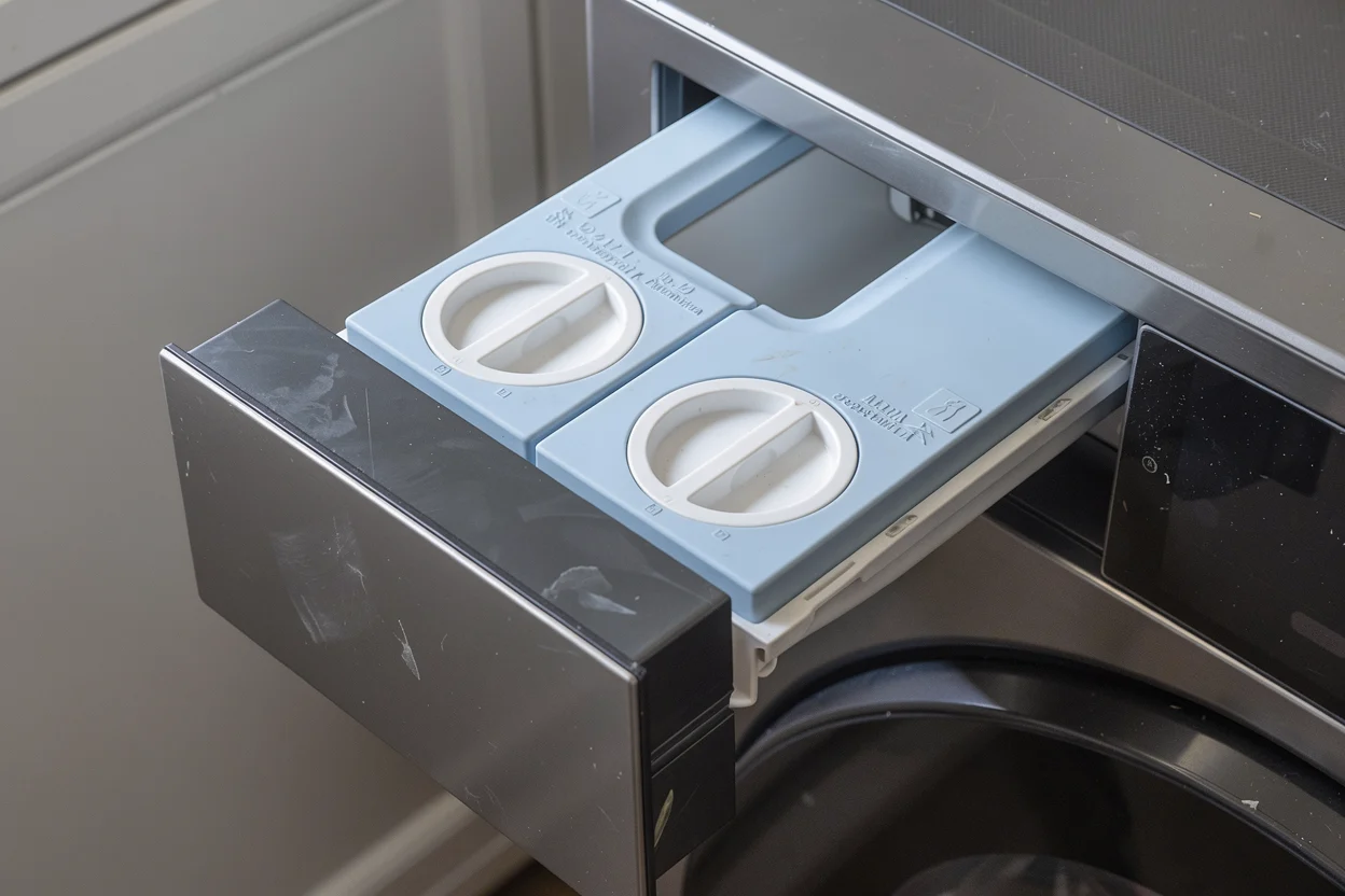 De twee doseertanks in de lade van de Samsung WF90F09C4S