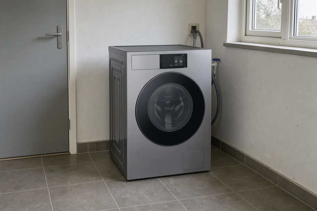 Zilveren Samsung WF90F09C4S in een eenvoudige wasruimte