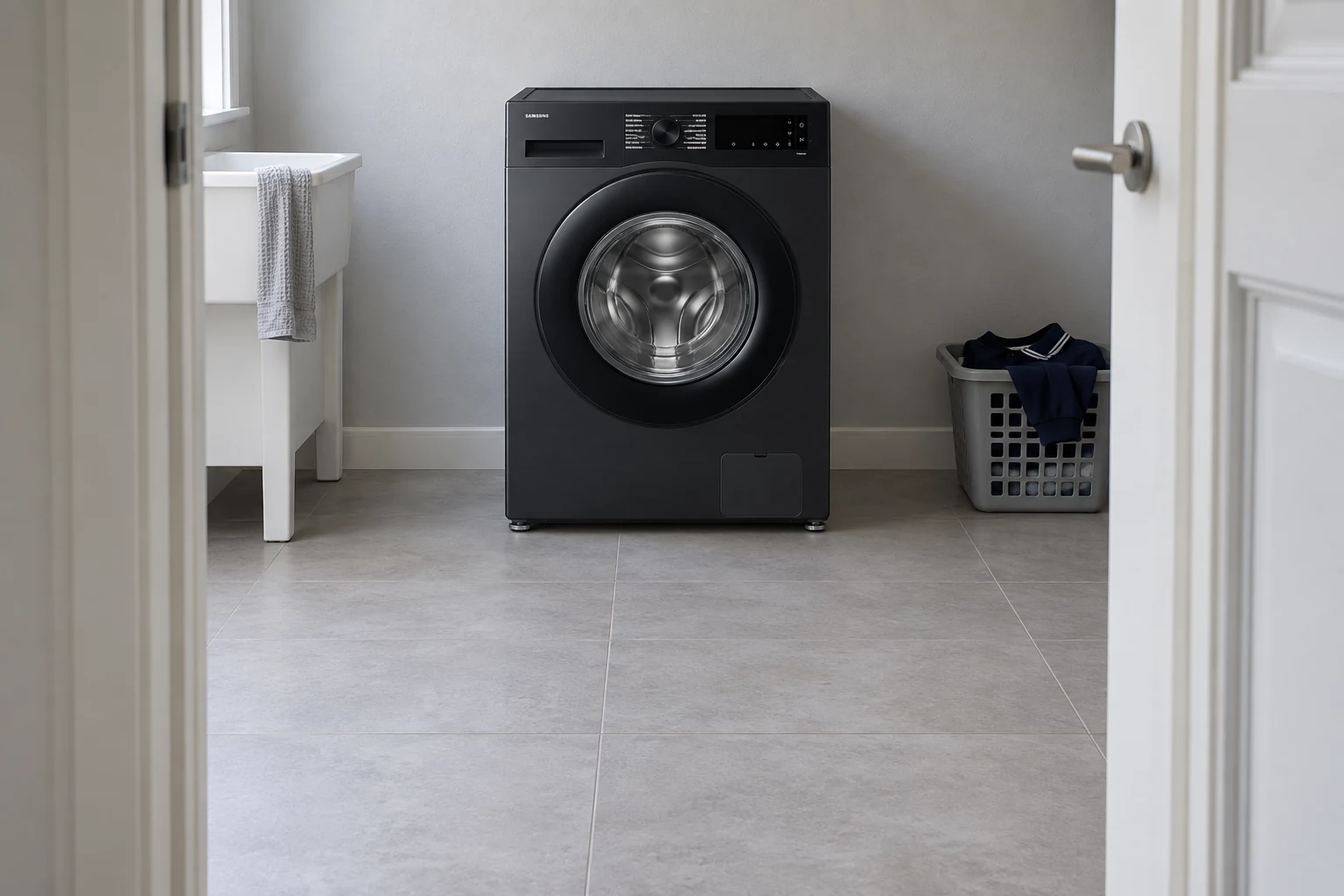 Zwarte Samsung WW11DG5B25AB naast een wasbak en wasmand
