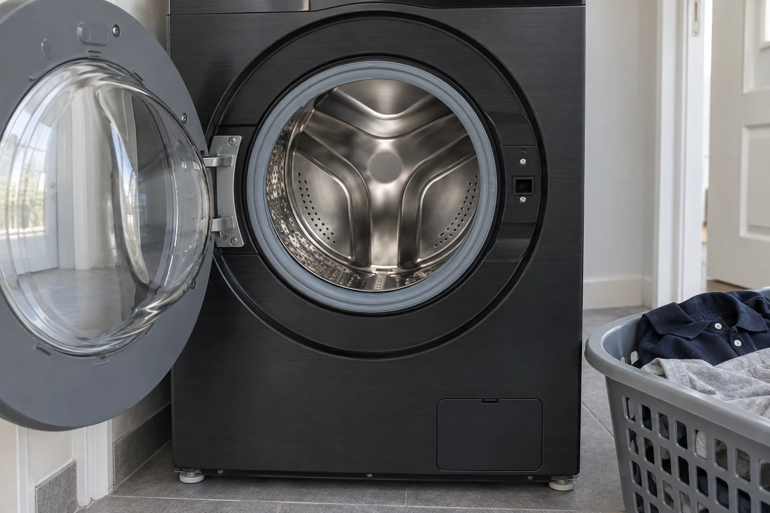 Open trommel van de Samsung WW11DG5B25AB naast een mand met kleding