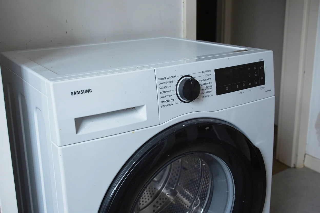Draaiknop, gesloten wasmiddellade en uitgeschakeld display van de Samsung WW90CGC04AAE.
