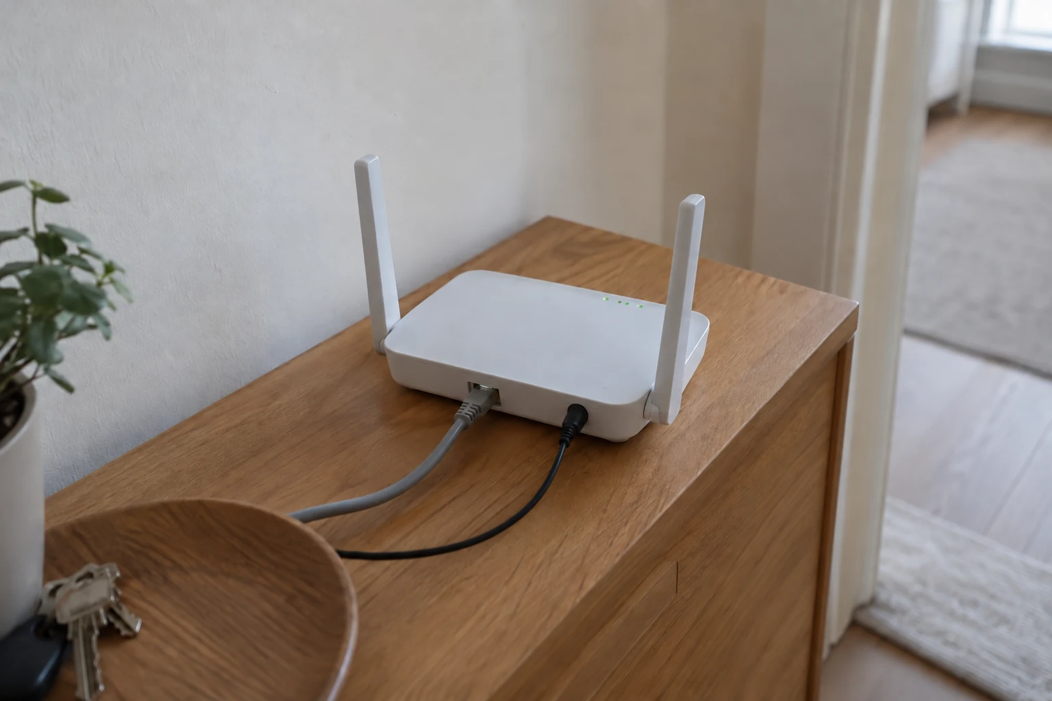 Een wifi-router staat vrij op een kastje in de hal