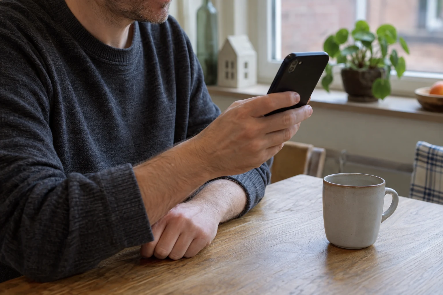 Iemand bekijkt een telefoon aan een keukentafel bij het raam