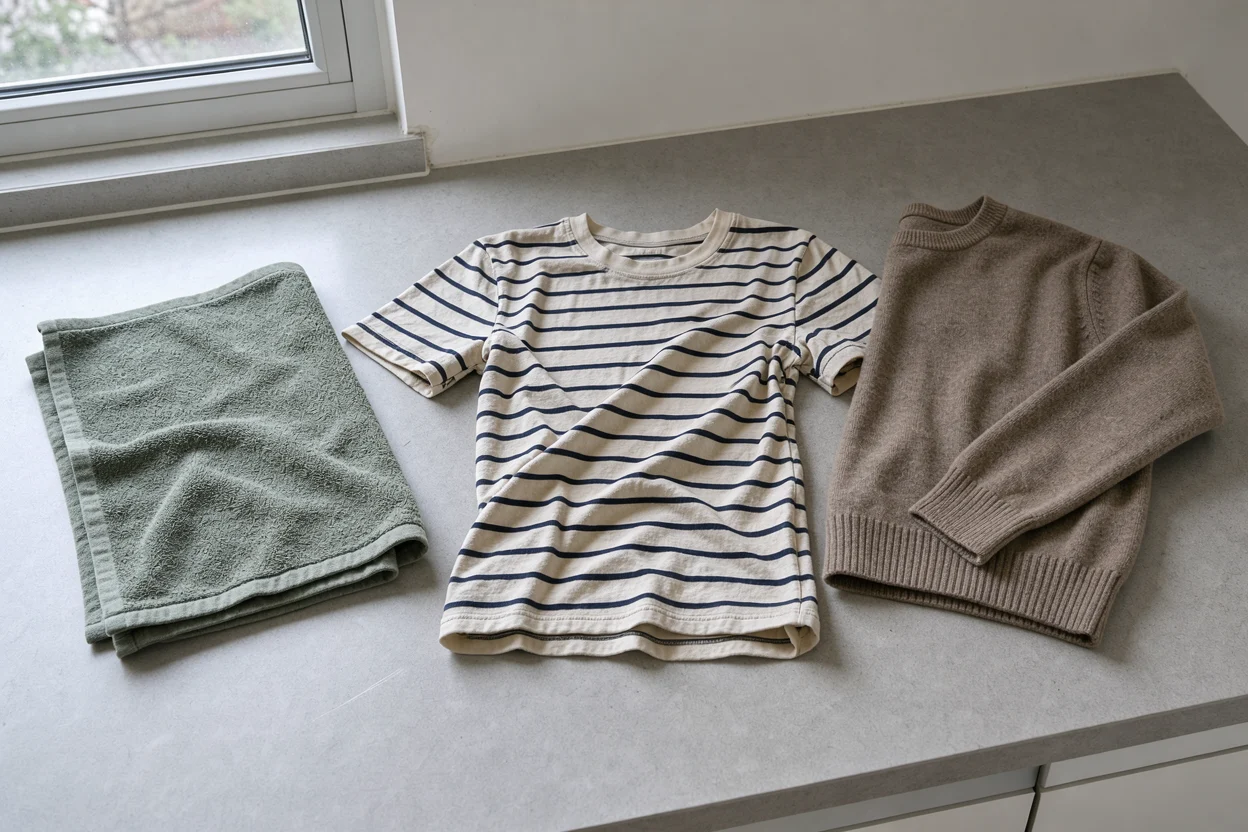 Een katoenen handdoek, een gestreept shirt en een fijngebreide trui op een wasblad