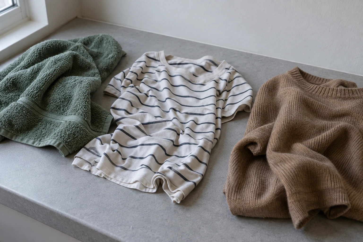 Een katoenen handdoek, een gestreept shirt en een fijngebreide trui op een wasblad