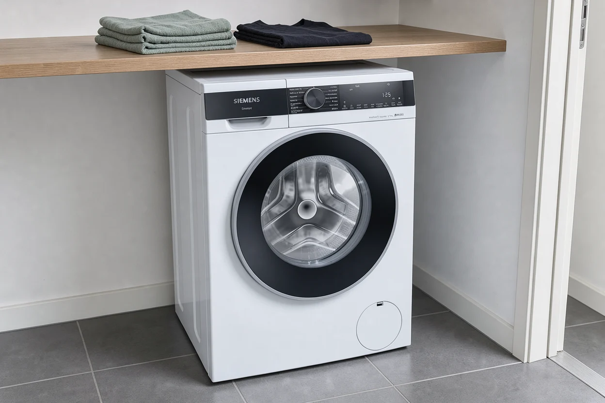 Siemens WG44G2ZBNL in een bijkeuken met handdoeken op een werkblad