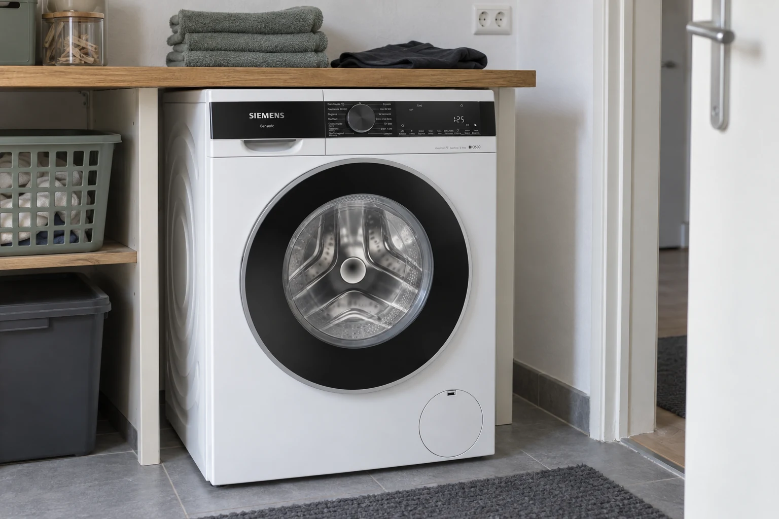 Siemens WG44G2ZBNL in een bijkeuken met handdoeken op een werkblad