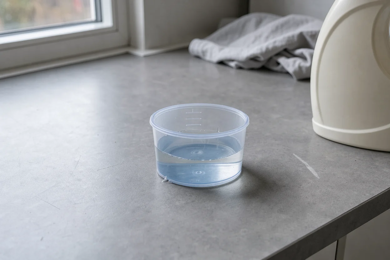 Een doseerdop met vloeibaar wasmiddel naast een fles op een wasblad