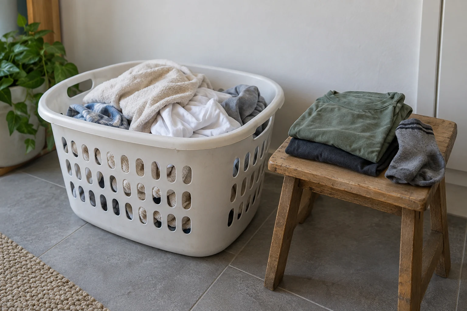 Een kleine stapel kleding naast een wasmand met een grotere lading wasgoed