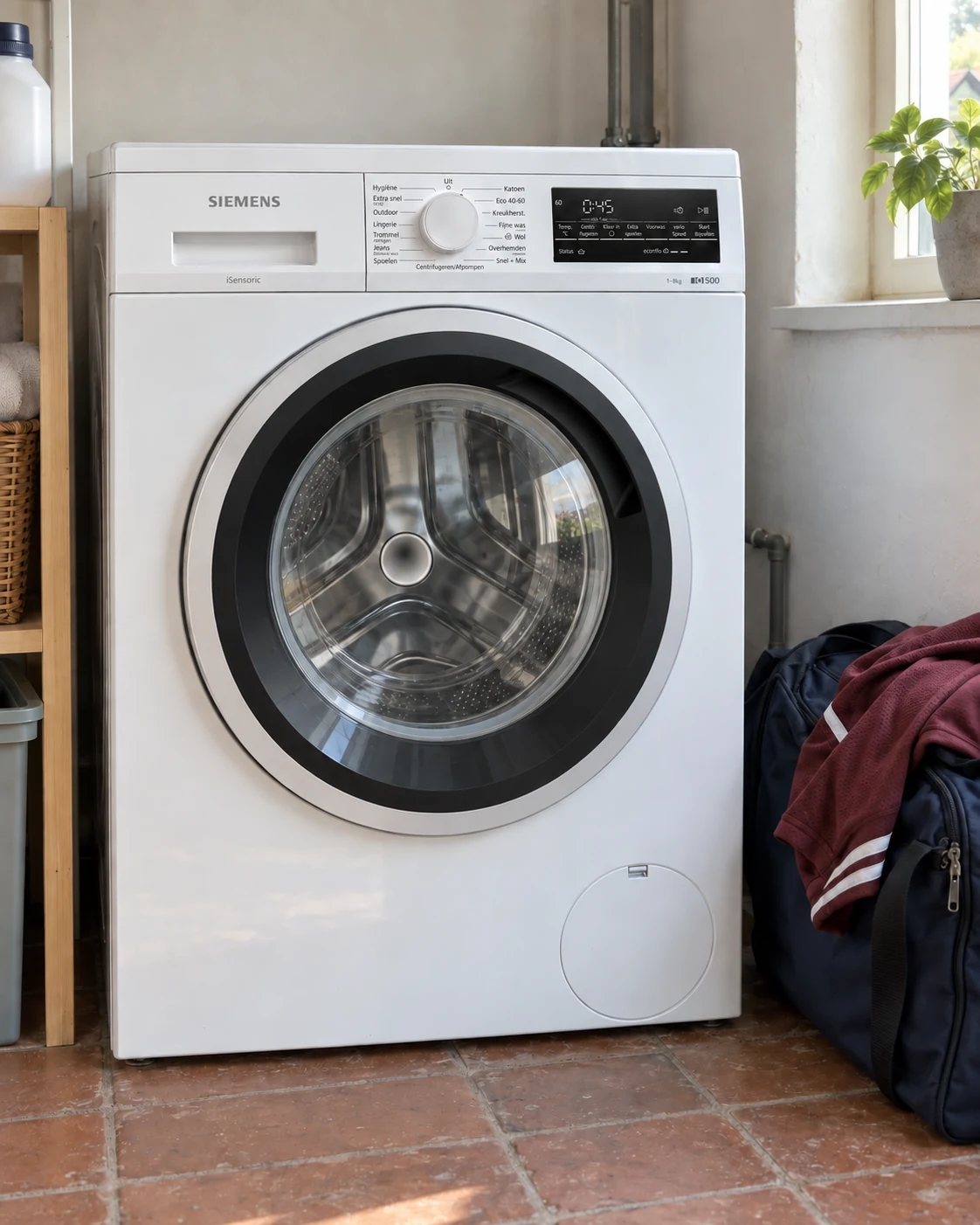 Siemens WU14UT20NL in een bijkeuken met een sporttas ernaast