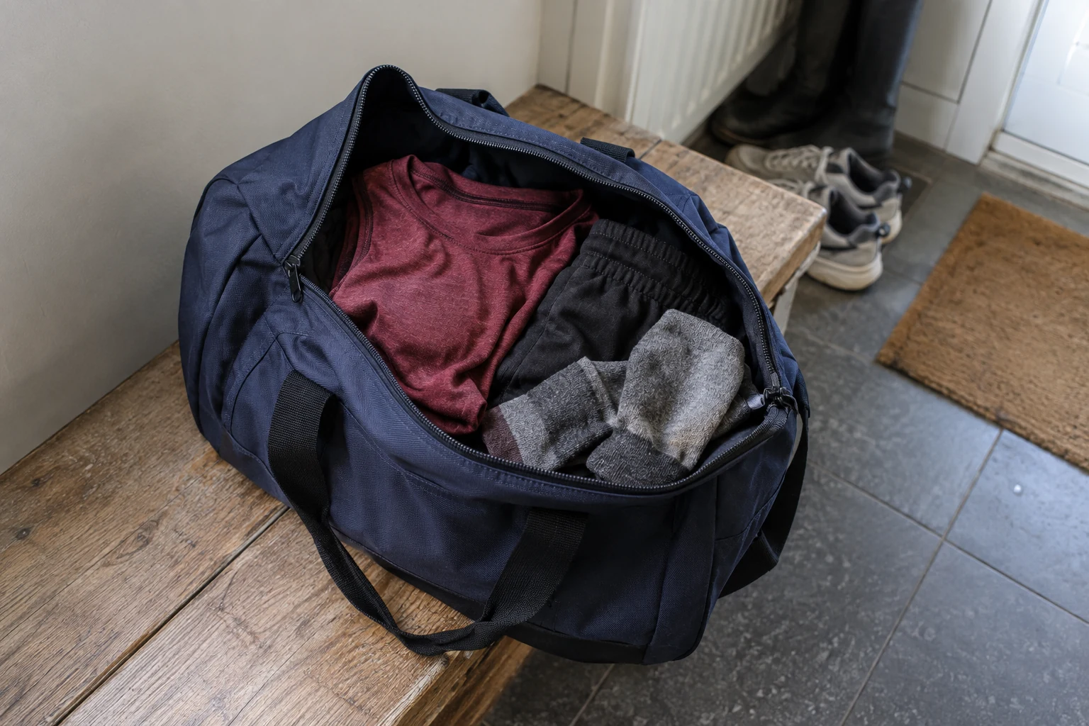 Een kleine lading sportkleren in een open sporttas op een houten bank