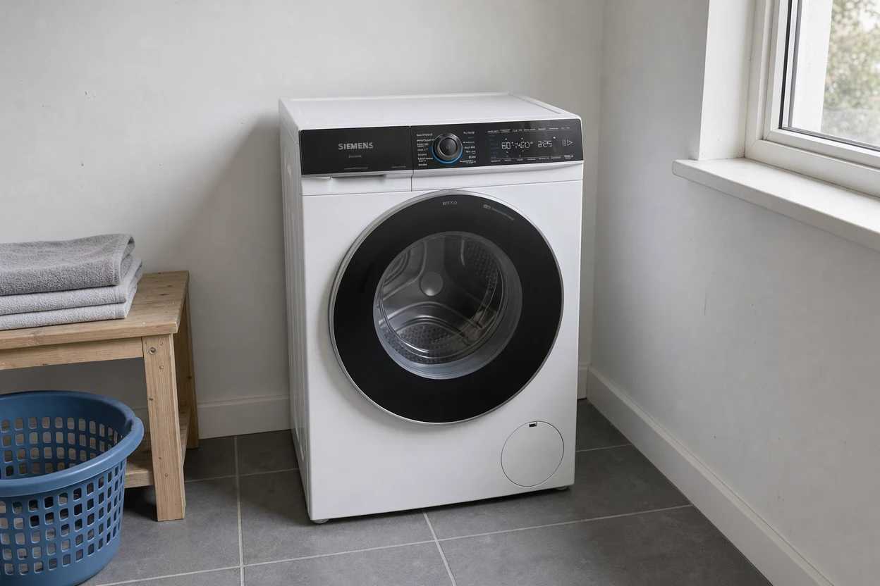 Siemens WG44B2ABNL op een tegelvloer in een wasruimte op de verdieping