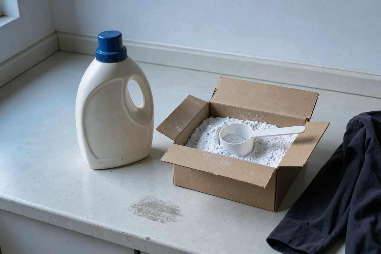 Een fles vloeibaar wasmiddel en een maatschep waspoeder op het werkblad