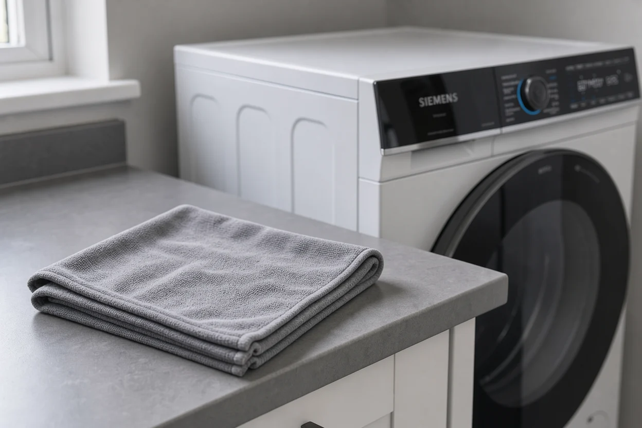 De zwarte doseerlade van de Siemens WG44B2ABNL met een zachte doek ernaast