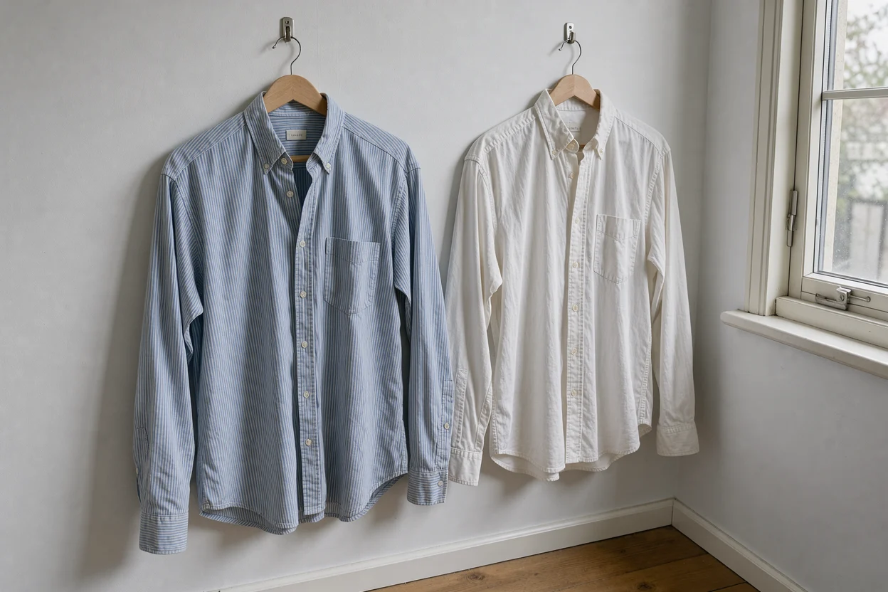 Twee licht gekreukte katoenen overhemden aan hangers bij een open raam