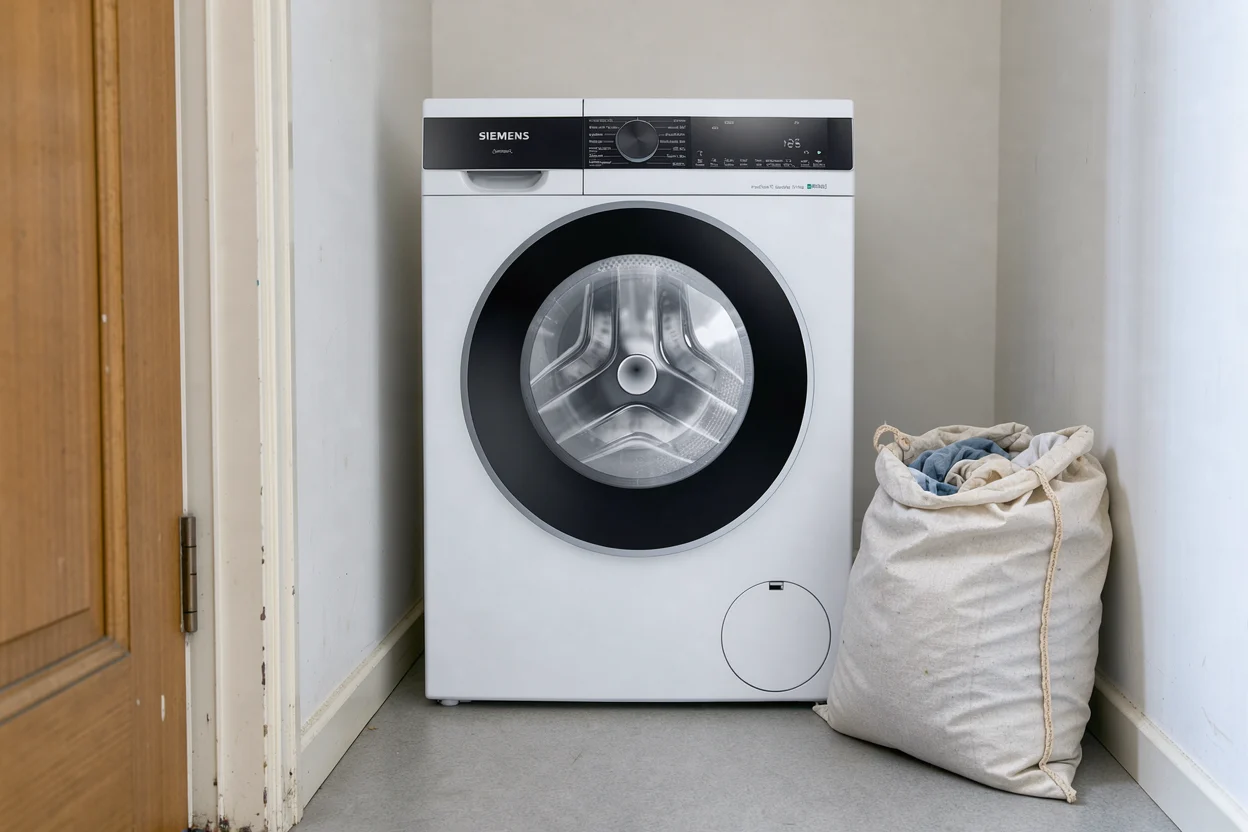 Witte Siemens-wasmachine in een wasnis naast de gang