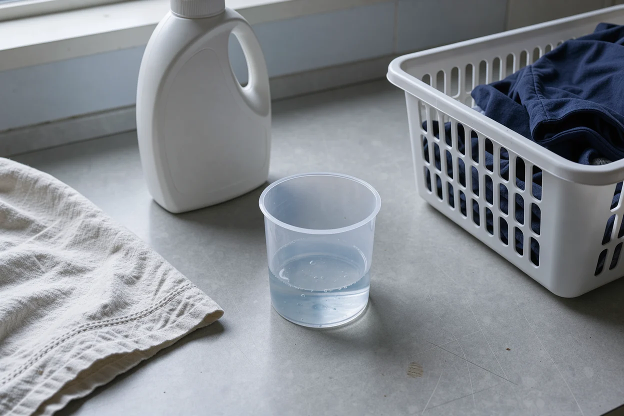 Bekertje met vloeibaar wasmiddel naast een wasmand op een eenvoudig werkblad