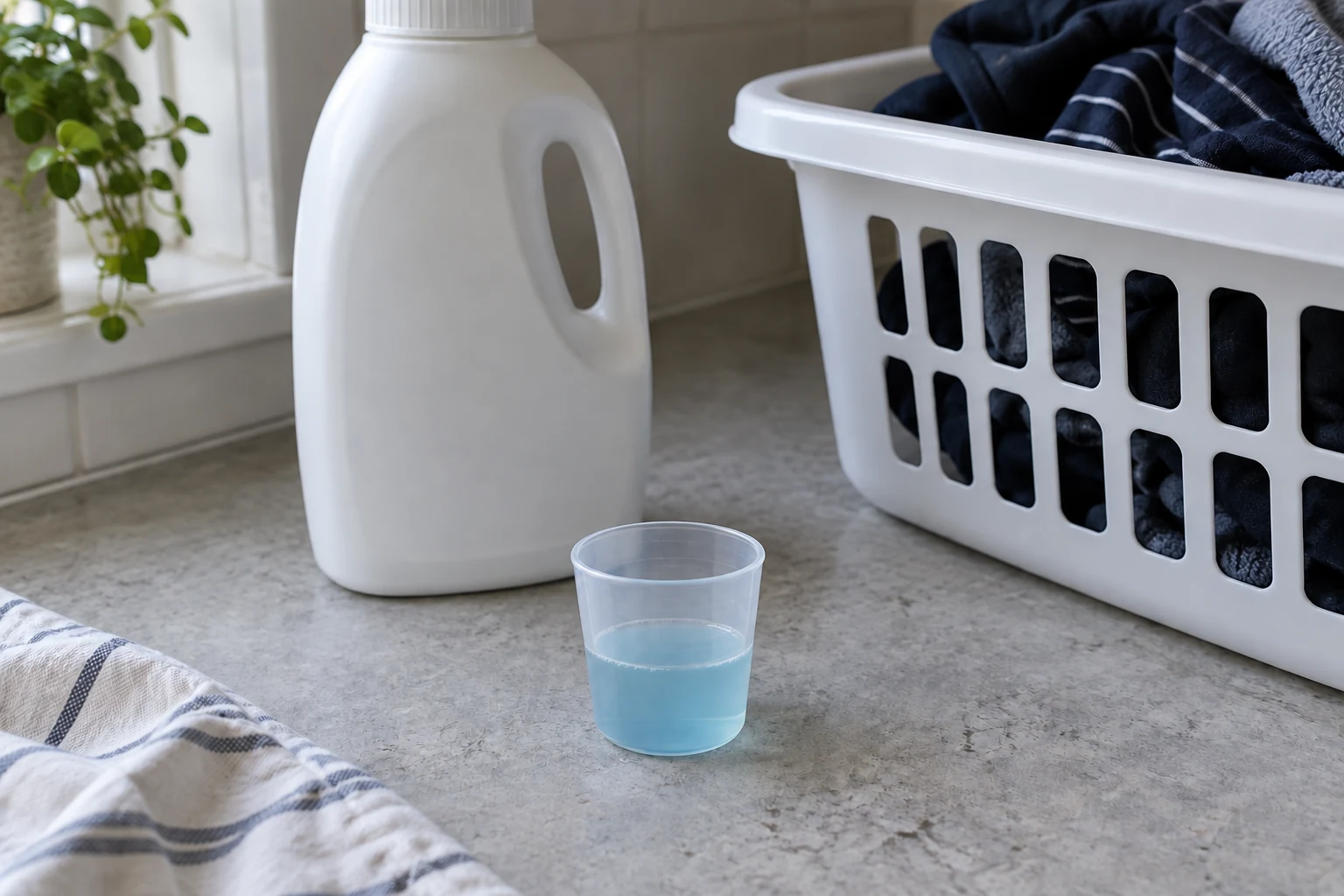 Bekertje met vloeibaar wasmiddel naast een wasmand op een eenvoudig werkblad