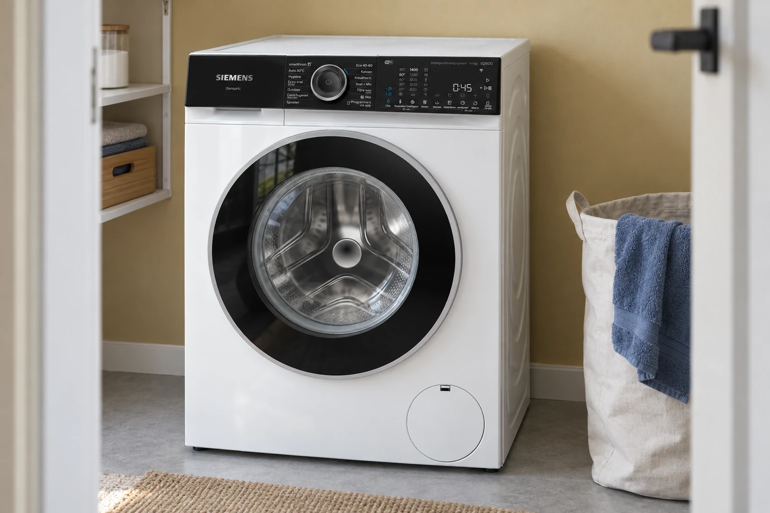 Siemens WG44H2A5NL in een washoek met een stoffen wasmand