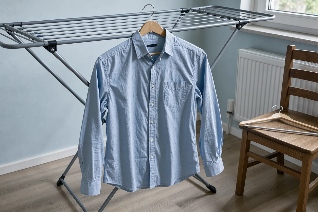 Een gekreukt katoenen overhemd hangt aan een hanger bij het droogrek.
