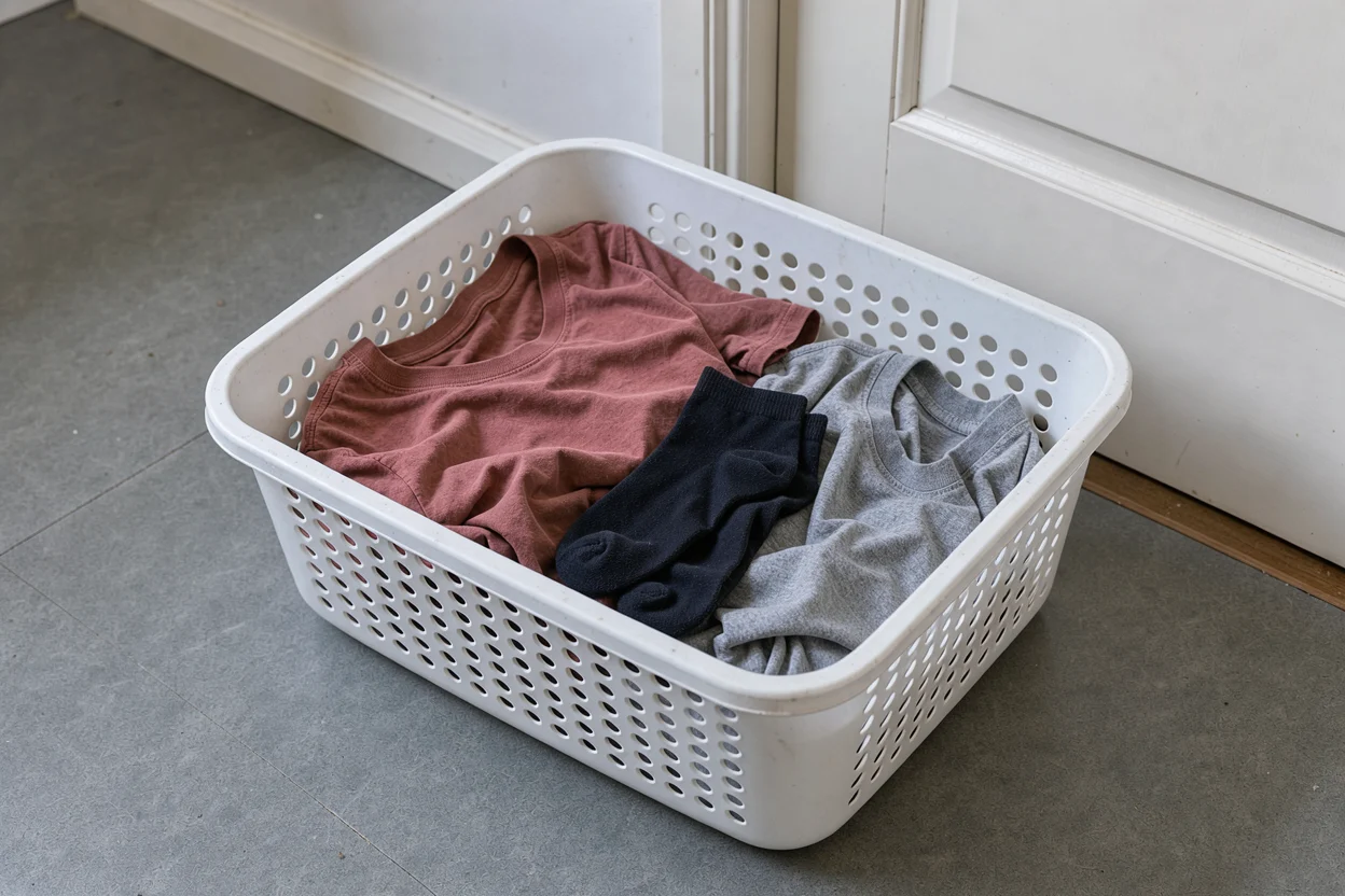 Een paar los gevouwen T-shirts en sokken in een kleine wasmand.