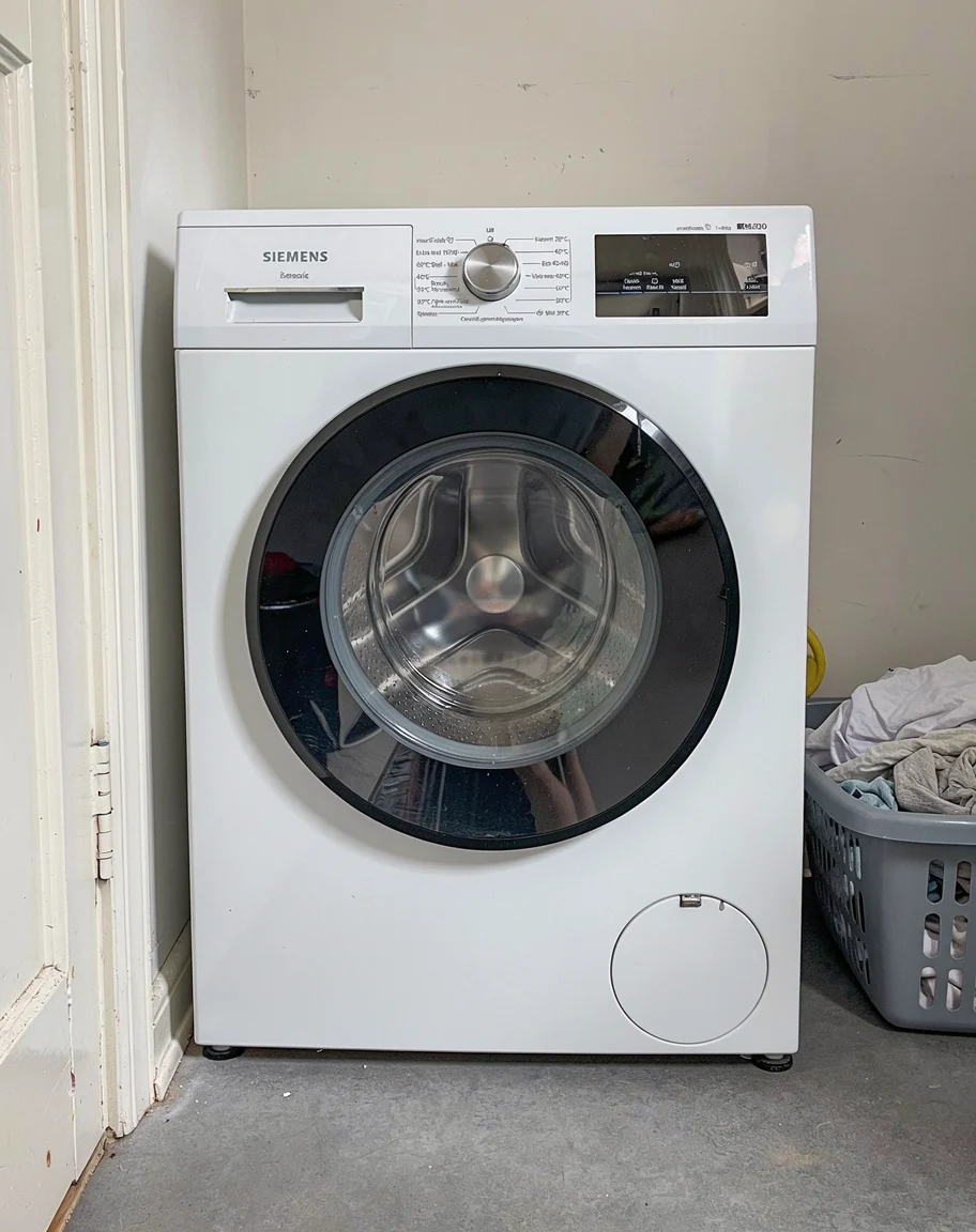 Siemens WM14N07CNL in een kleine berging, met een wasmand naast de machine.