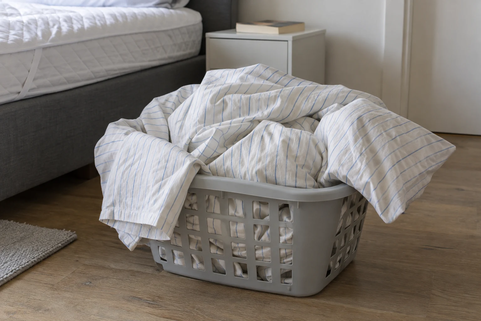 Los katoenen beddengoed in een wasmand naast een onopgemaakt bed