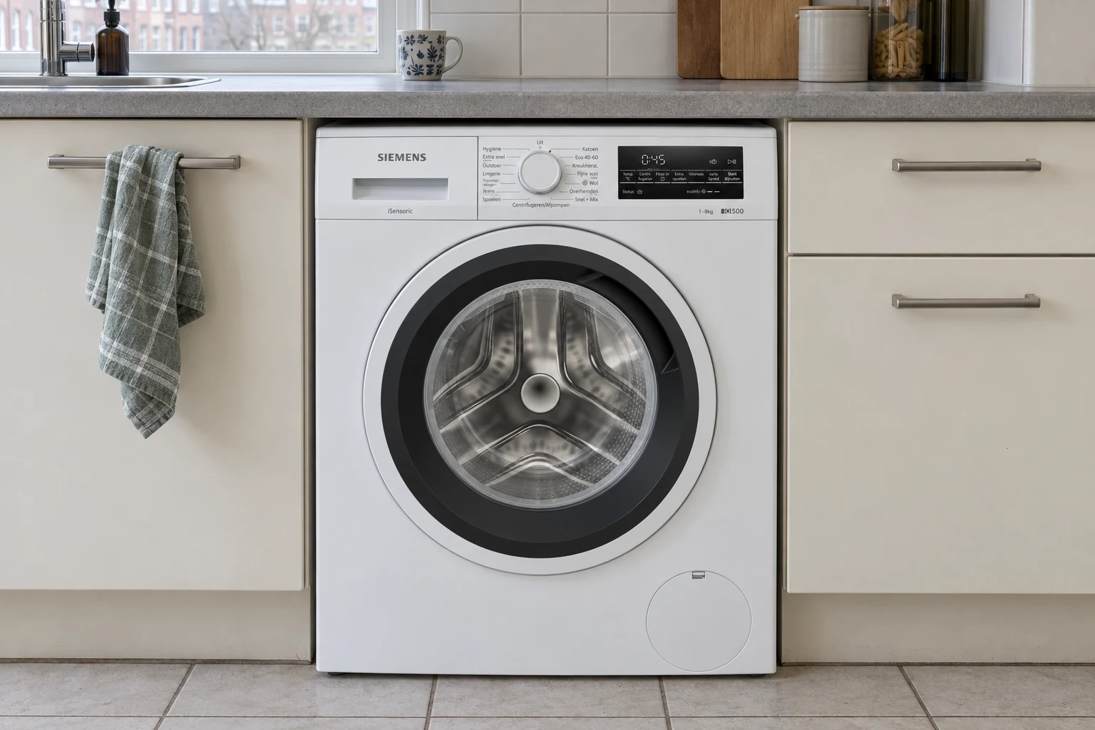 Siemens WU14UT20NL onder een doorlopend keukenblad tussen gewone keukenkasten