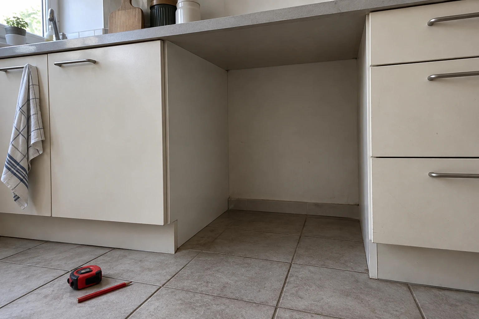 Lege ruimte onder een keukenwerkblad met een rolmaat op de vloer