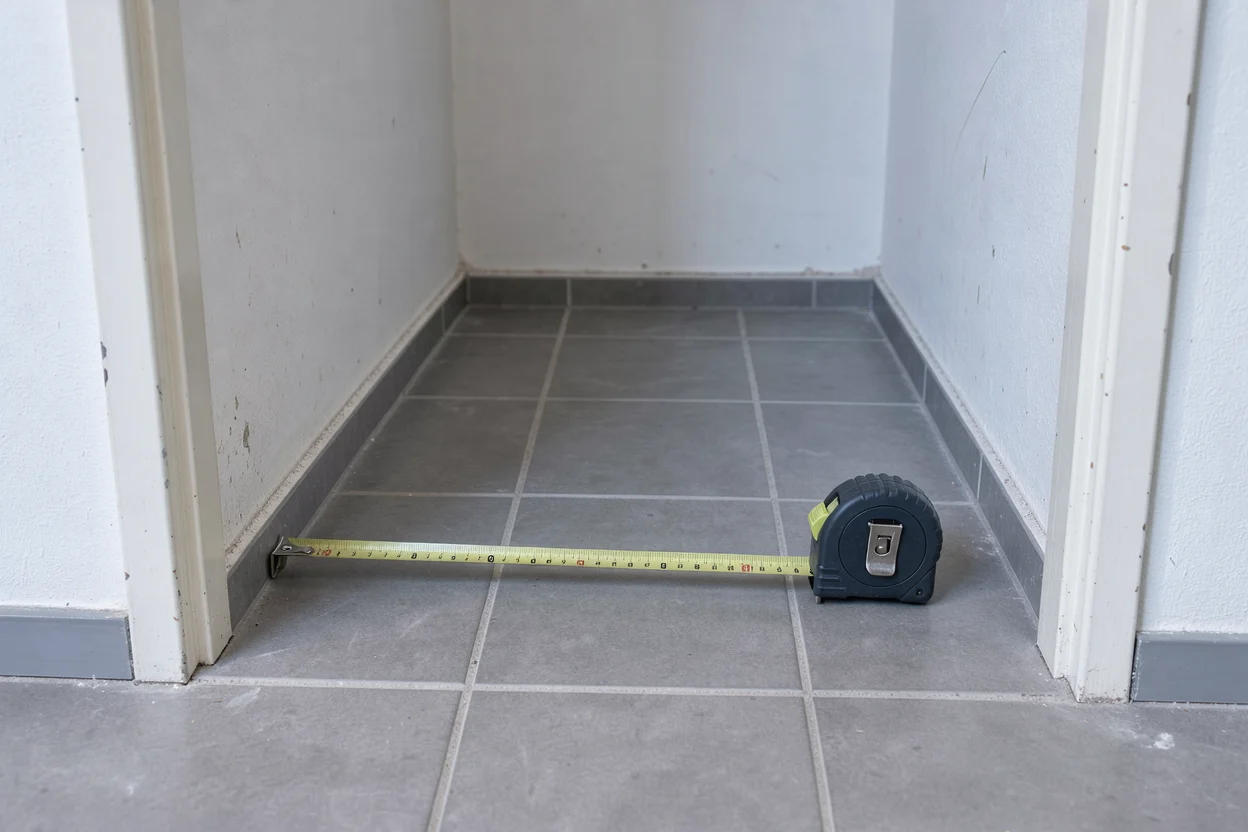Een rolmaat ligt op de vloer over de breedte van een lege smalle nis.