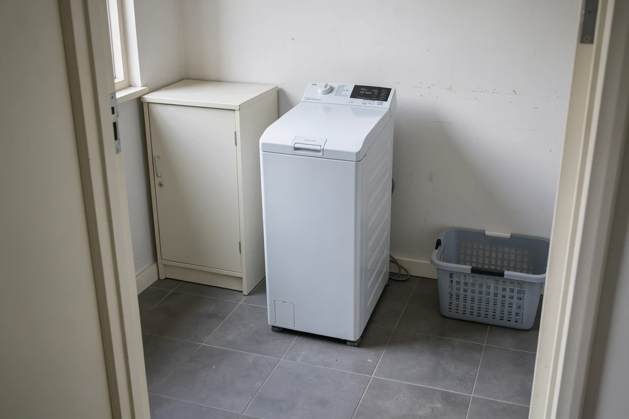 Smalle witte bovenlader in een bijkeuken met vrije ruimte naast en boven de machine.