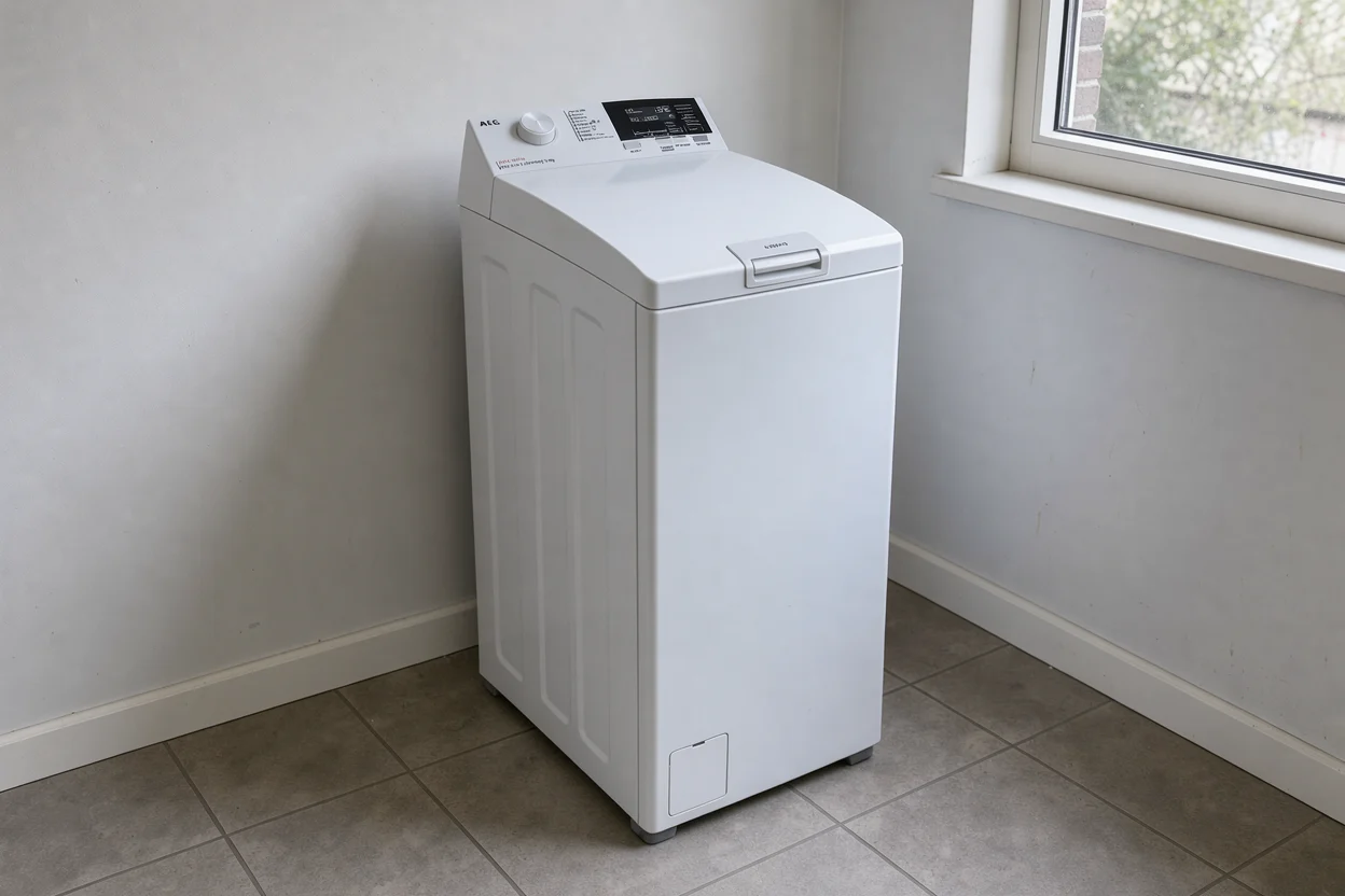 Een smalle AEG bovenlader met gesloten deksel en vrije ruimte erboven in een bijkeuken