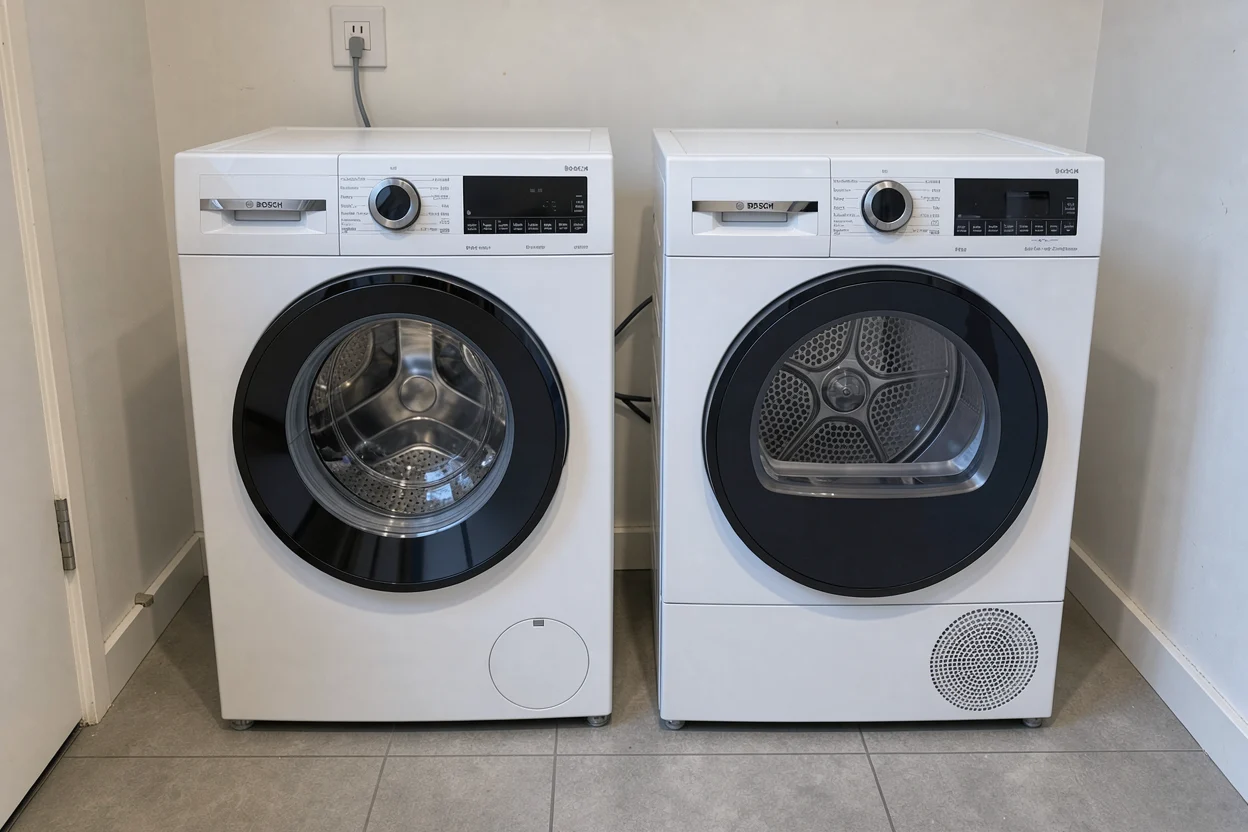 Een Bosch voorlader en een aparte Bosch droger naast elkaar in een gewone bijkeuken