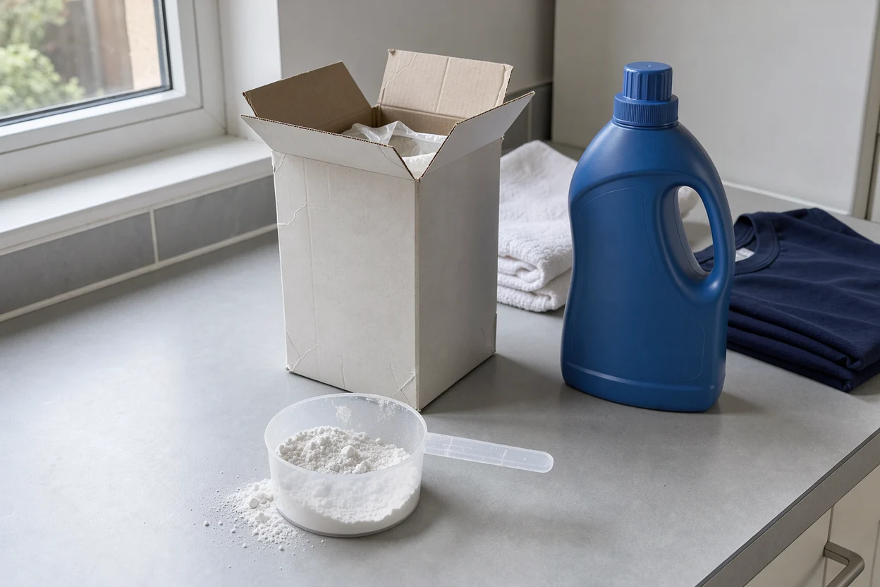 Wasmiddel in poedervorm en een fles vloeibaar middel op een werkblad.