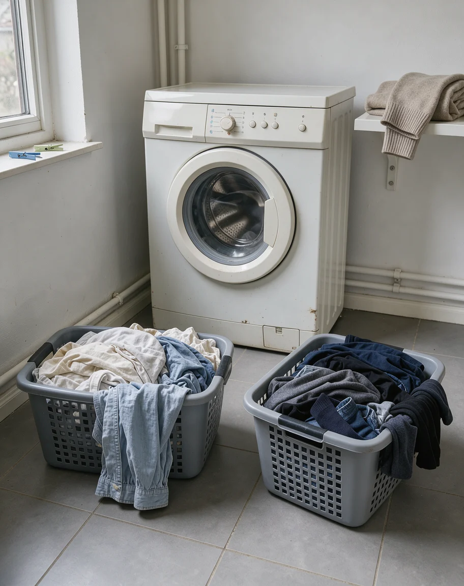 Twee wasmanden met lichte en donkere kleding naast een wasmachine.