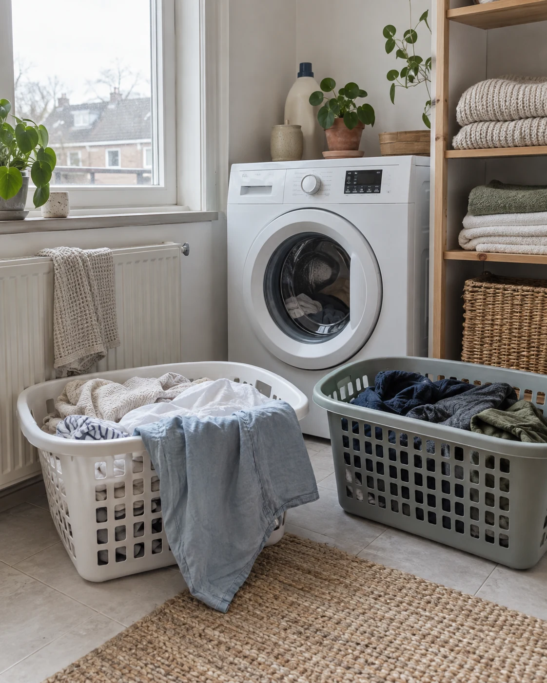 Twee wasmanden met lichte en donkere kleding naast een wasmachine.