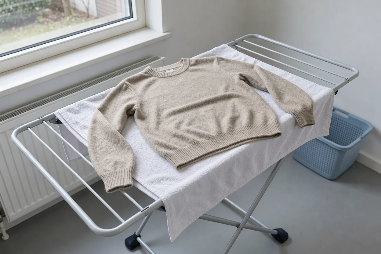 Wollen trui ligt plat op een handdoek over een droogrek.