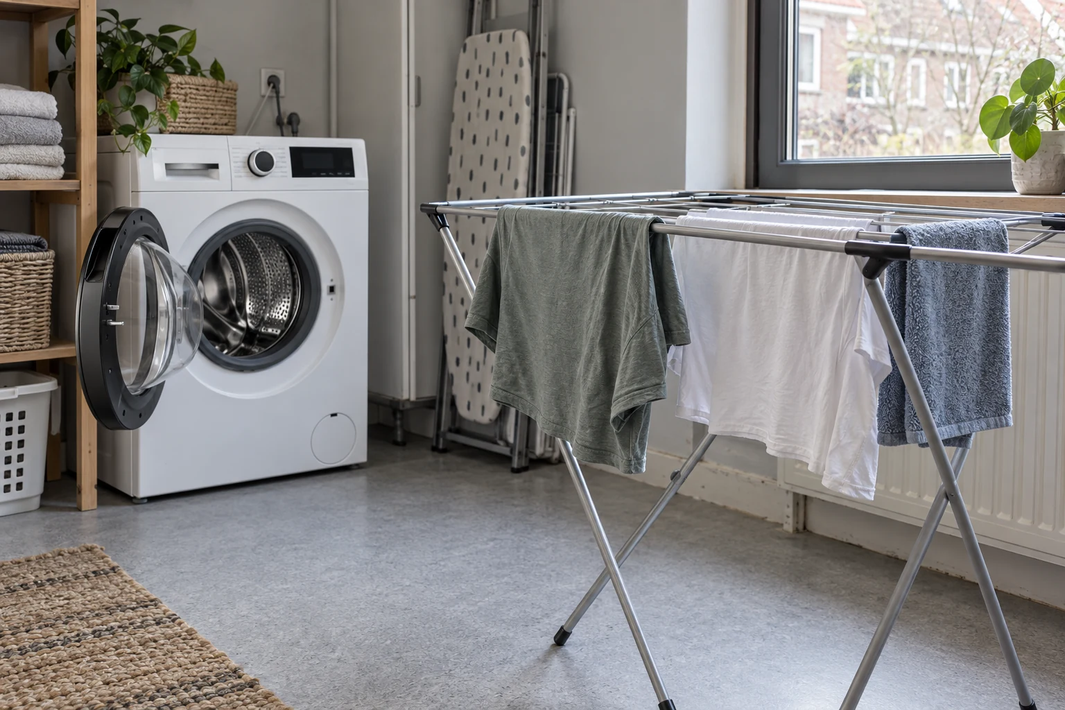 Twee T-shirts en een handdoek over een droogrek bij het raam, met een open wasmachine op de achtergrond.