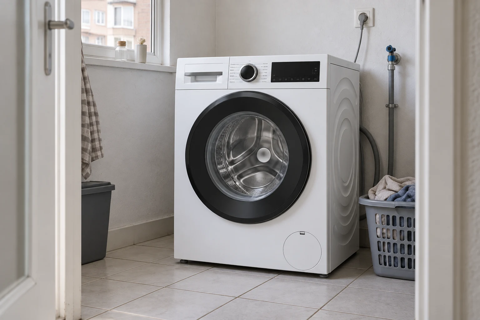 Witte wasmachine en wasmand in een kleine appartement-bijkeuken bij daglicht.