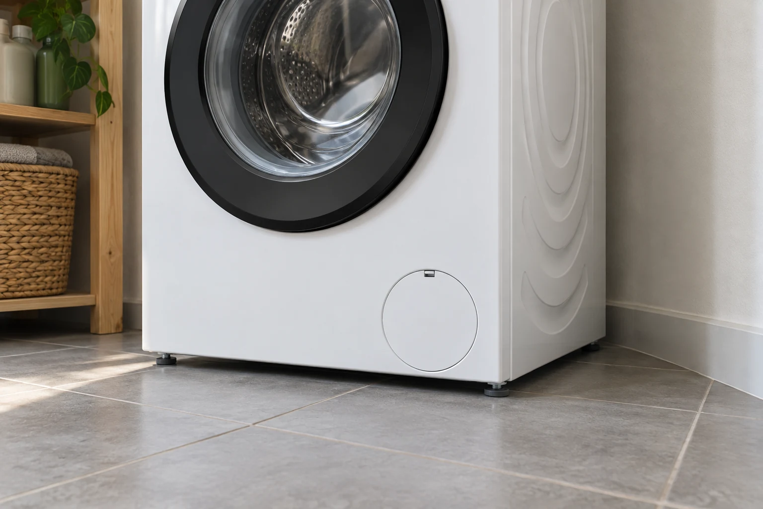 Korte stelvoeten van een wasmachine op een vlakke tegelvloer met ruimte naast de kast.