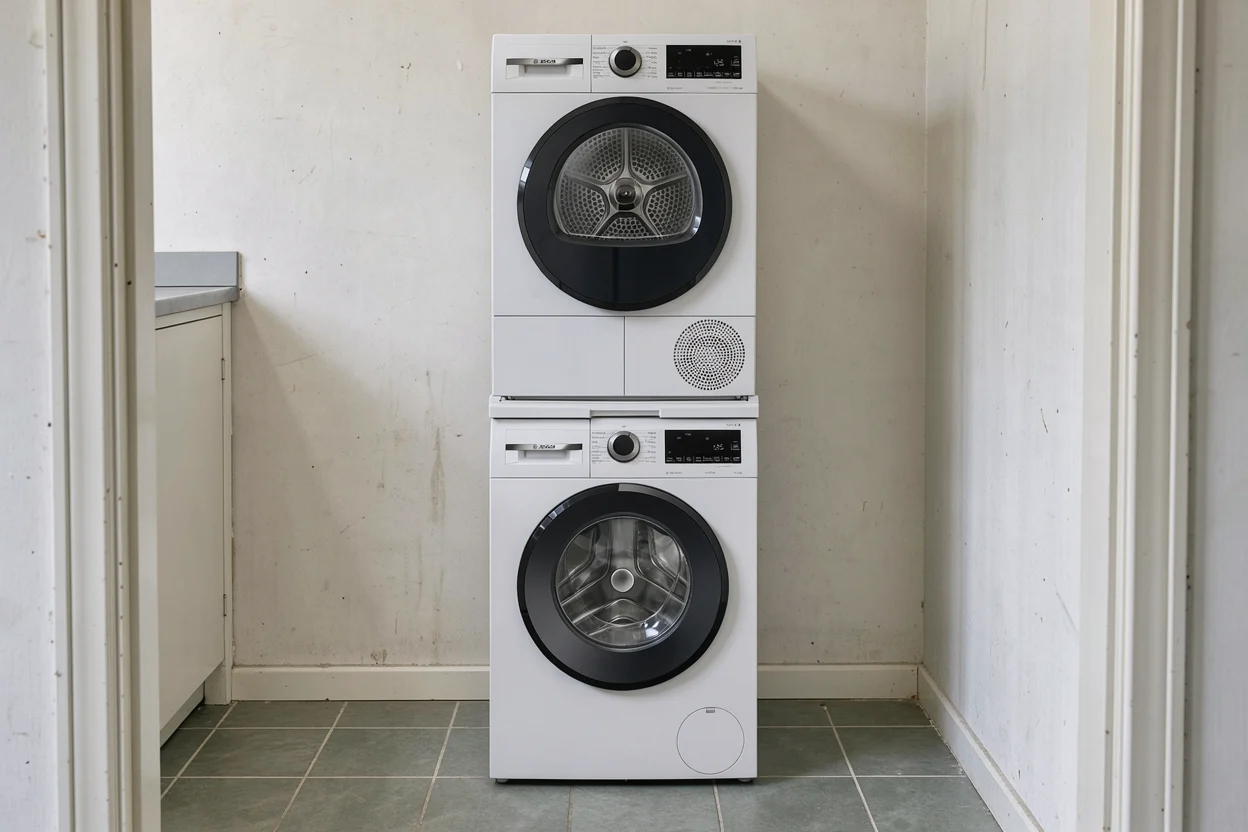 Wasmachine met droger erboven en een dun tussenstuk in een gewone bijkeuken