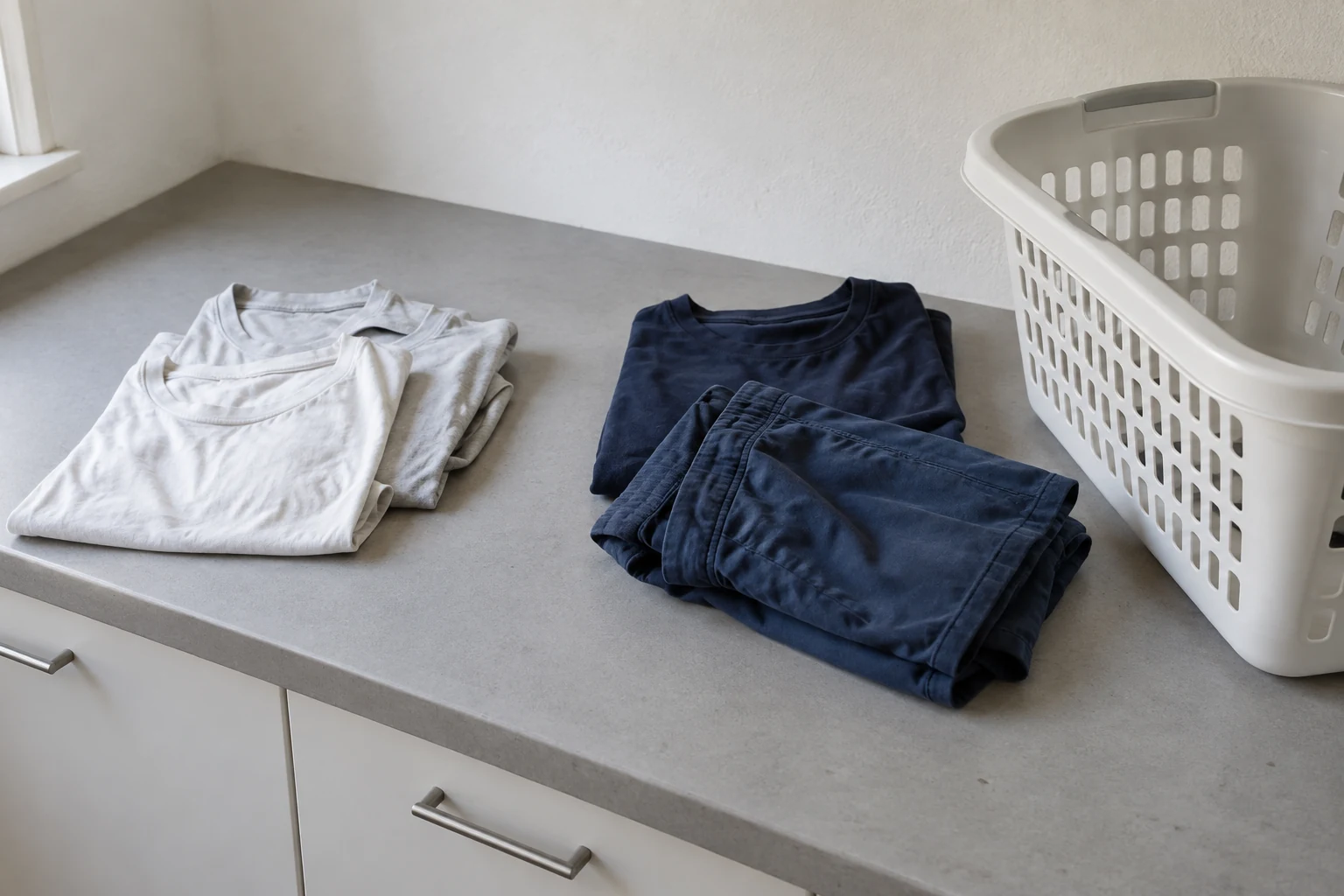 Twee kleine stapels lichte en donkerblauwe kleding op een werkvlak naast een kunststofwasmand.