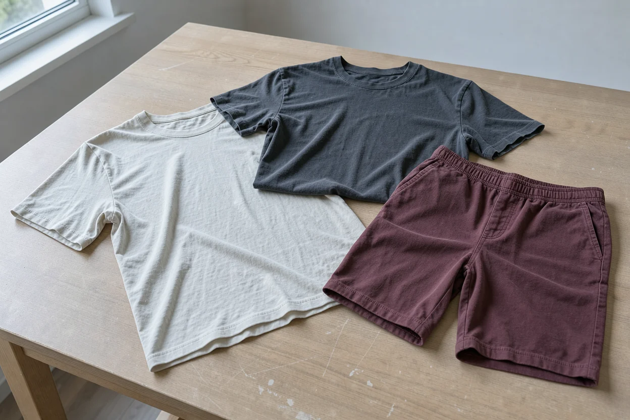 Twee katoenen T-shirts en een korte broek op een tafel in een slaapkamer