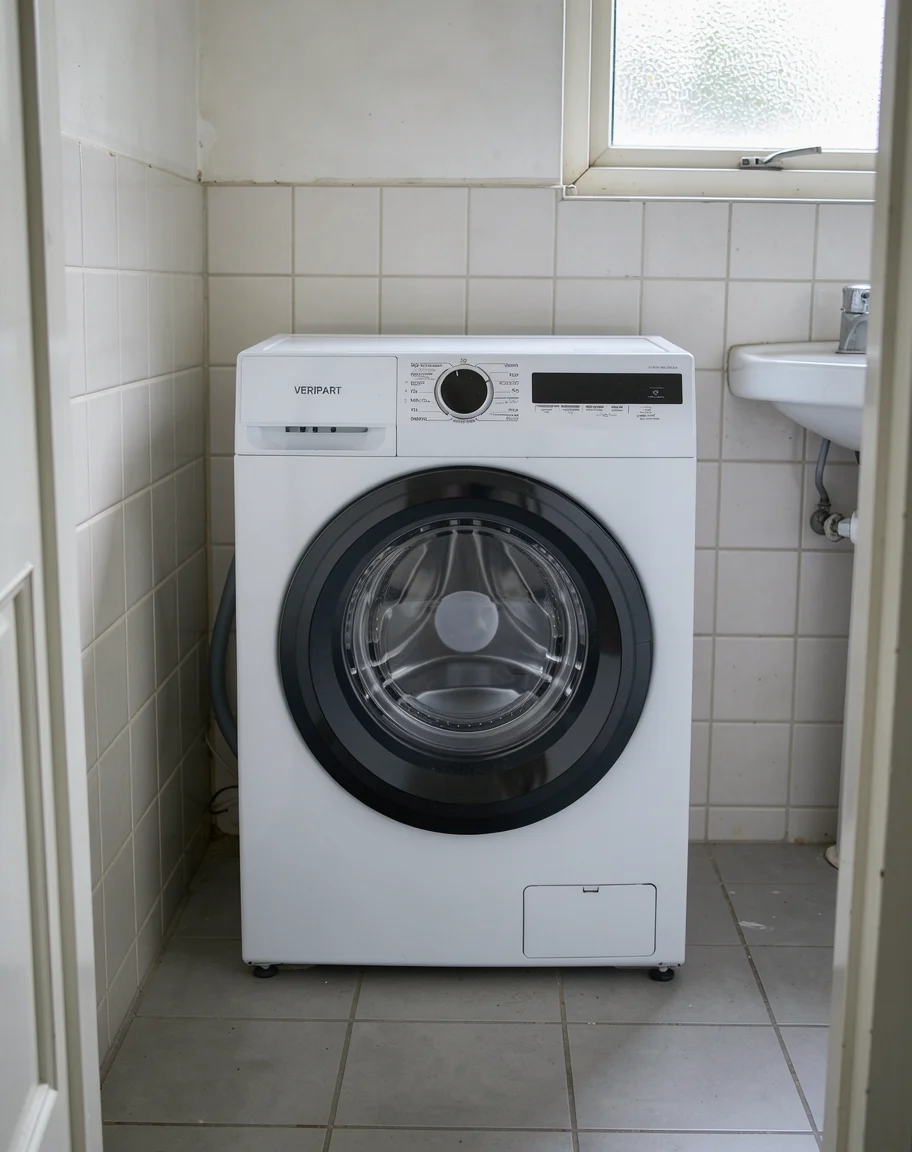 Witte Veripart-wasmachine in een droge kleine wasruimte, gezien vanuit de deuropening