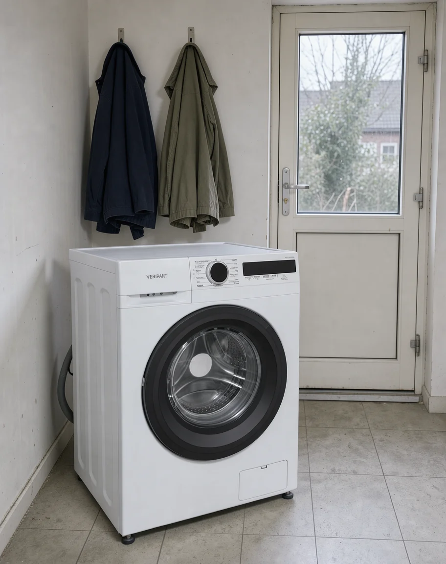 Witte Veripart-wasmachine vrijstaand in een droge wasruimte bij de achterdeur