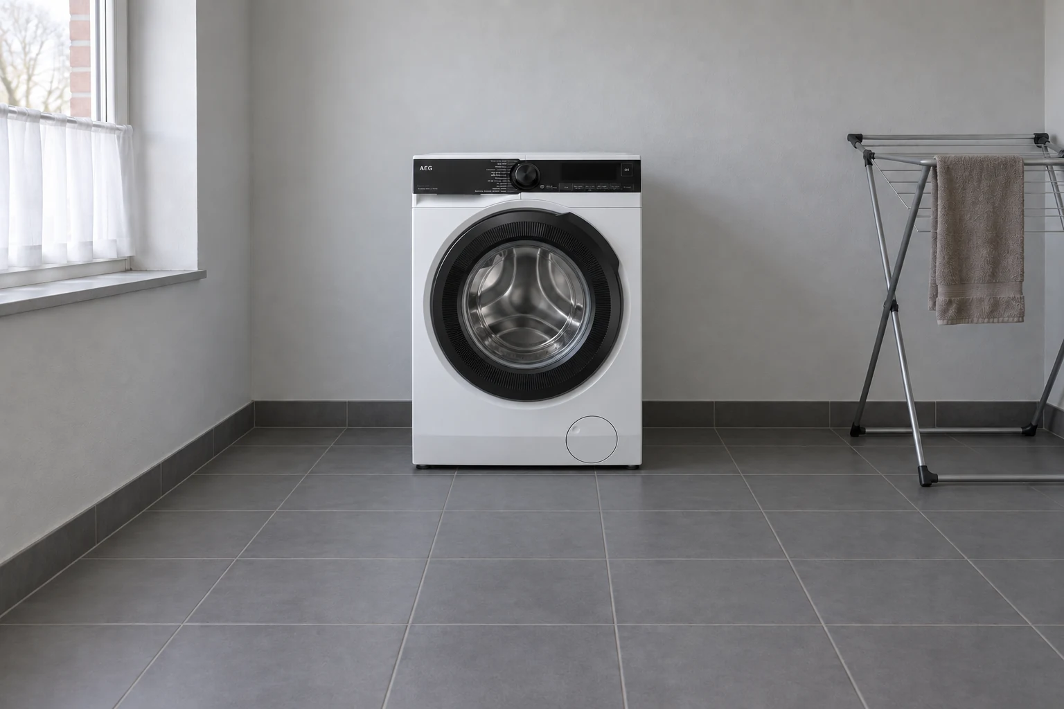 AEG-wasmachine in een gewone bijkeuken met een droogrek op afstand.
