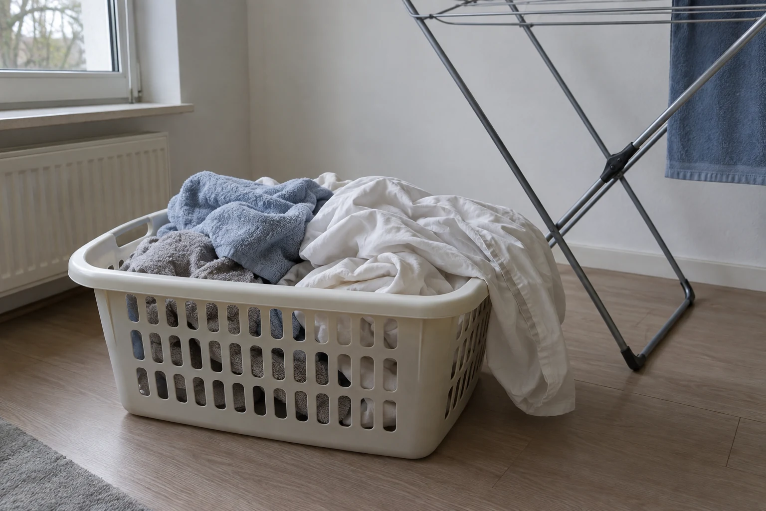 Losse katoenen handdoeken en een dekbedovertrek in een wasmand naast een droogrek.