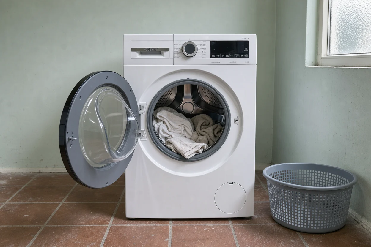 Bosch-wasmachine met open deur en een losse lading katoen in de trommel.