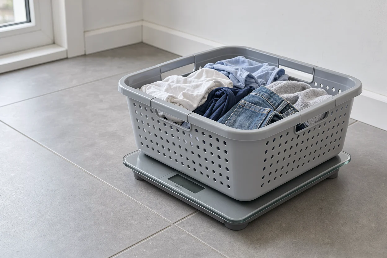 Een mand met droge kleding staat volledig op een brede weegschaal op de tegelvloer.