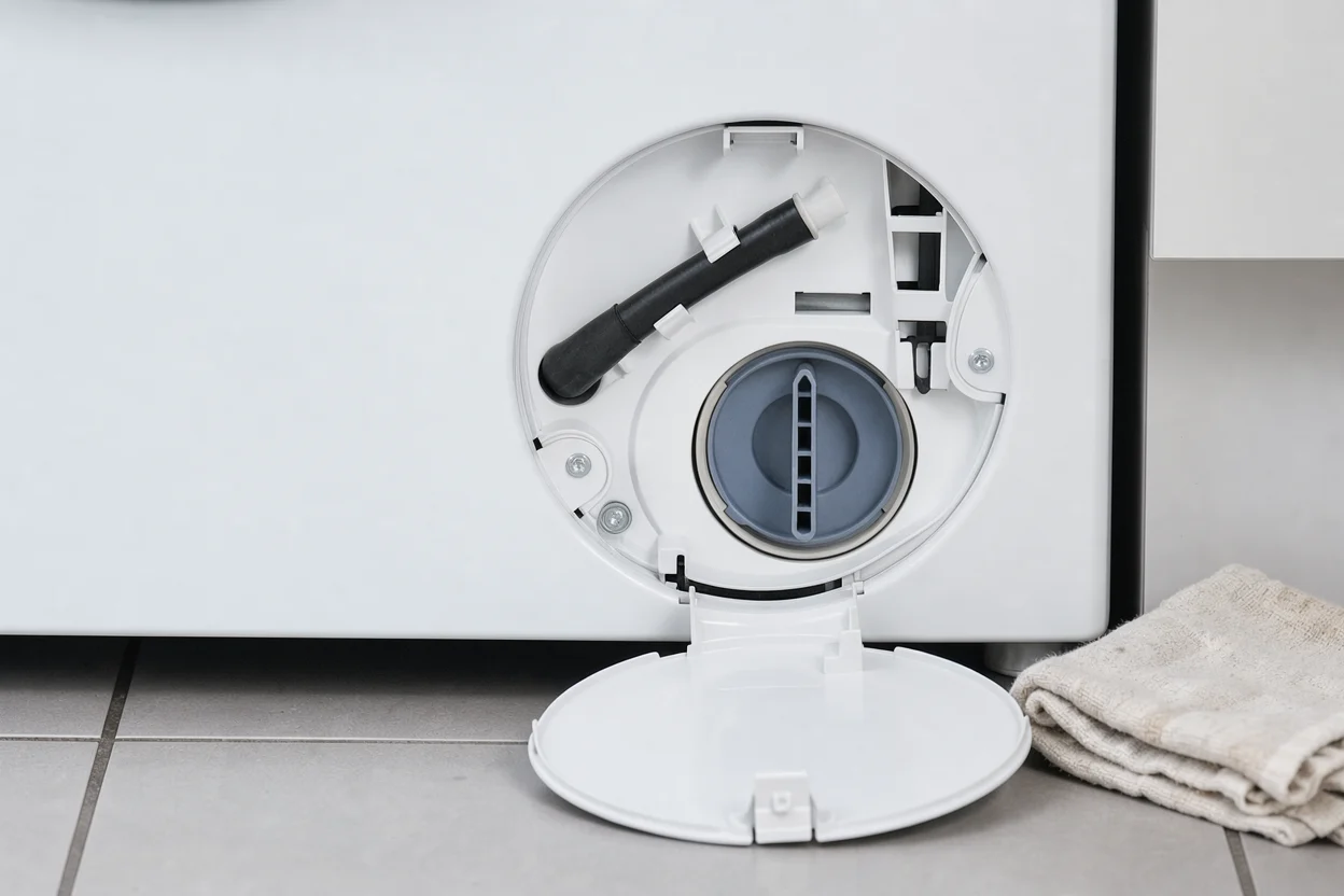 Open ronde serviceklep met gesloten pompdeksel en afgedopt noodslangetje